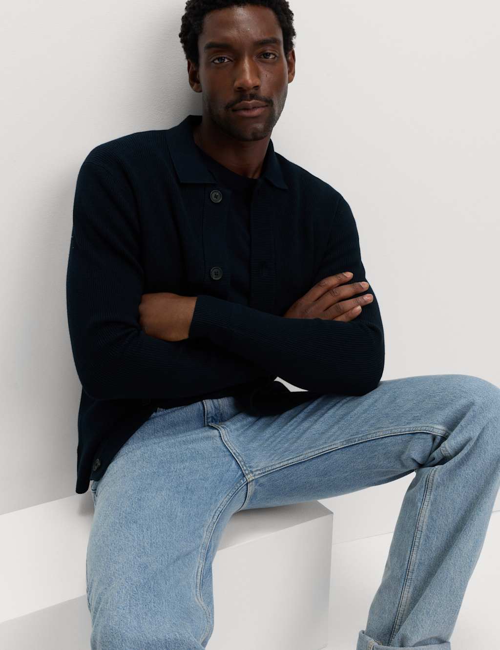 M&S Cotton Blend Knitted Jacket Dark Navy