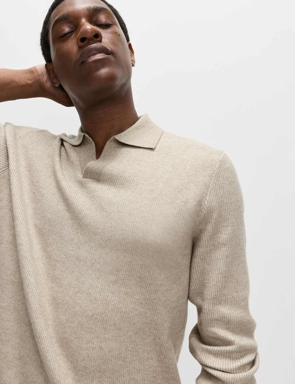 M&S Air-Yarn Ribbed Open Neck Knitted Polo Shirt Neutral