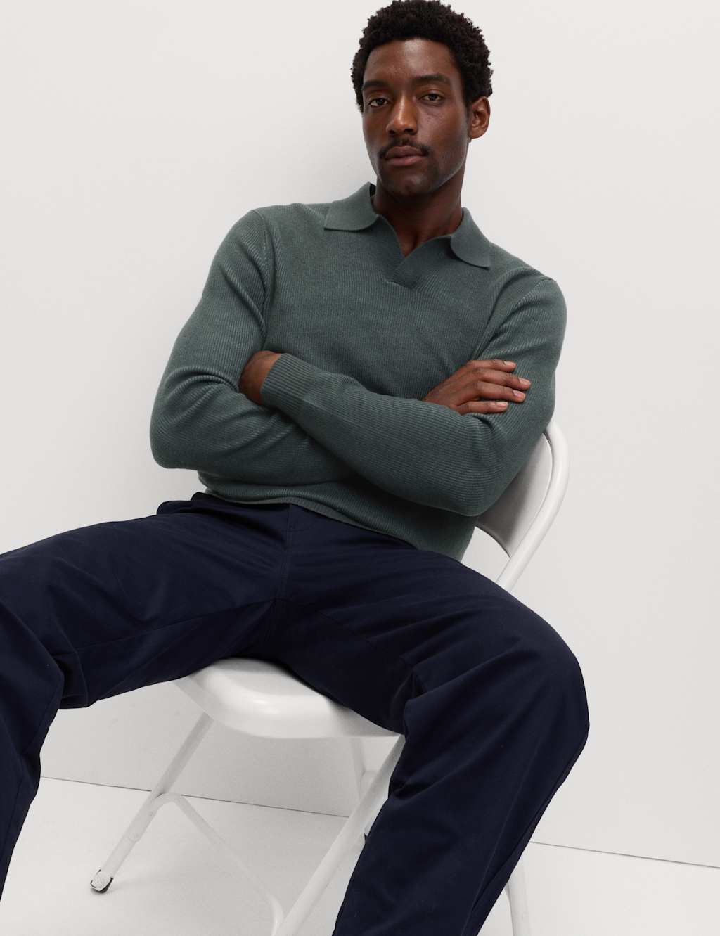 M&S Collection Men's Air-Yarn Ribbed Knitted Polo Shirt - SREG - Grey, Grey