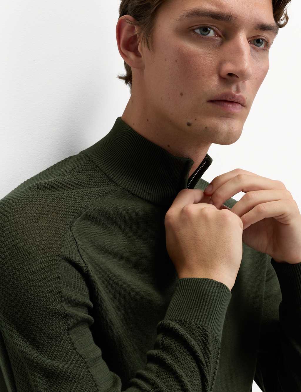 M&S Cotton Modal Blend Half Zip Textured Jumper Dark Khaki