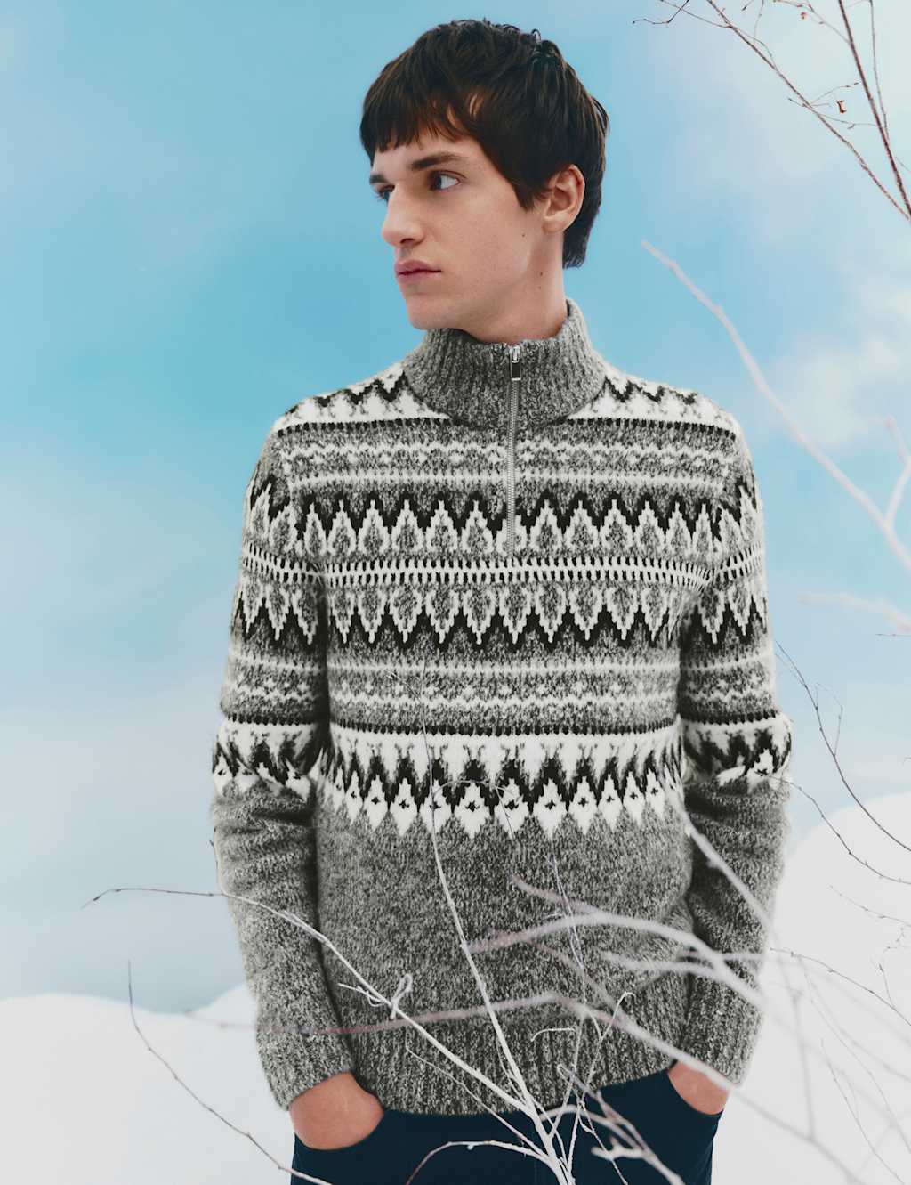 M&S Fair Isle Half Zip Jumper with Wool Grey Mix