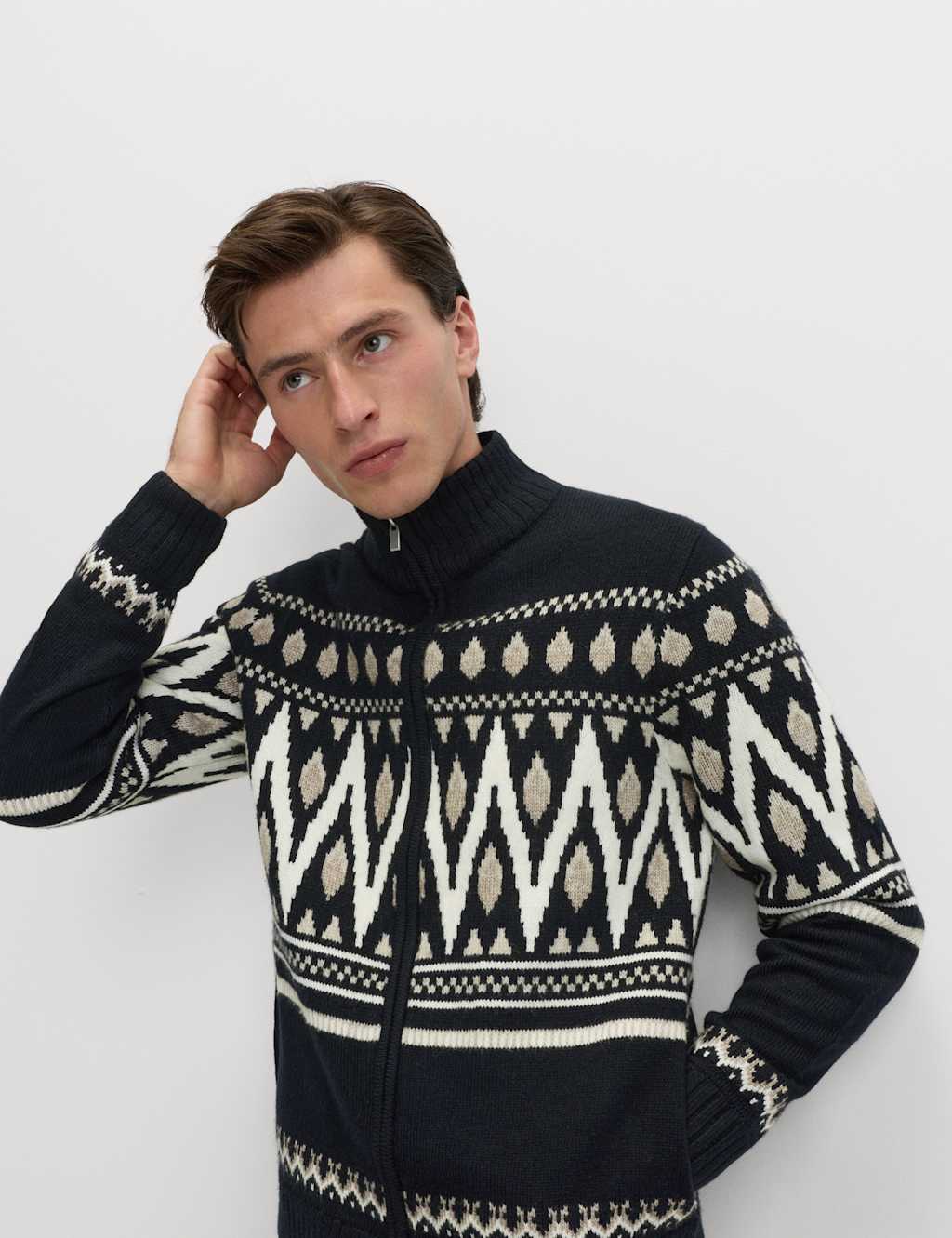 M&S Fair Isle Funnel Neck Knitted Jacket with Wool Navy Mix