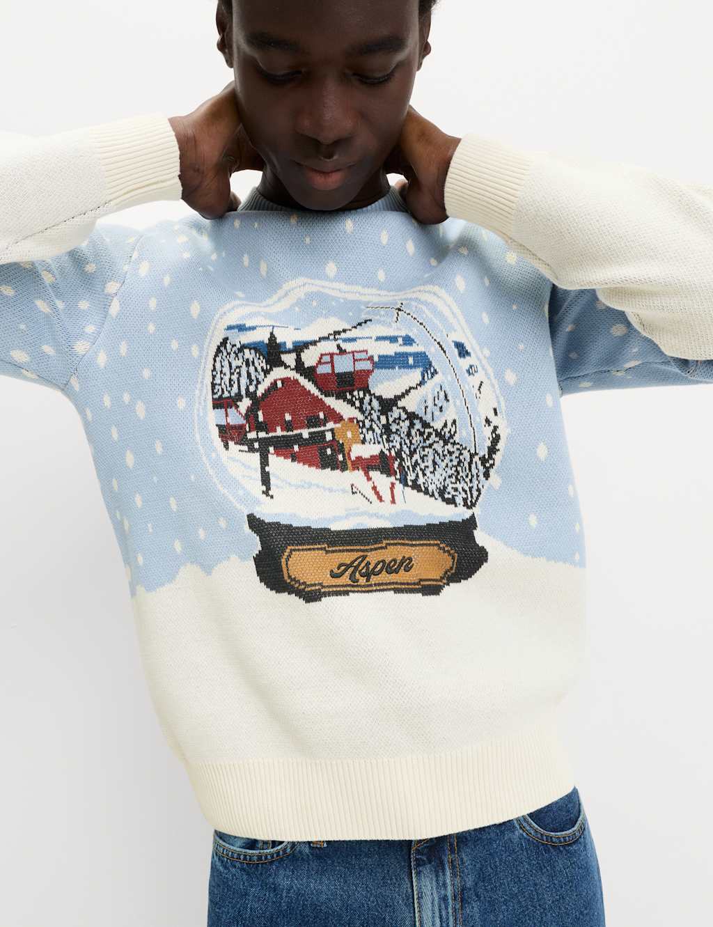 M&S Pure Cotton Ski Snow Globe Christmas Jumper Pale Blue