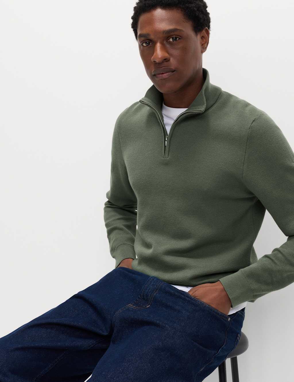 M&S Men's Cotton Rich Textured Half Zip Jumper - 2XL - Moss Green