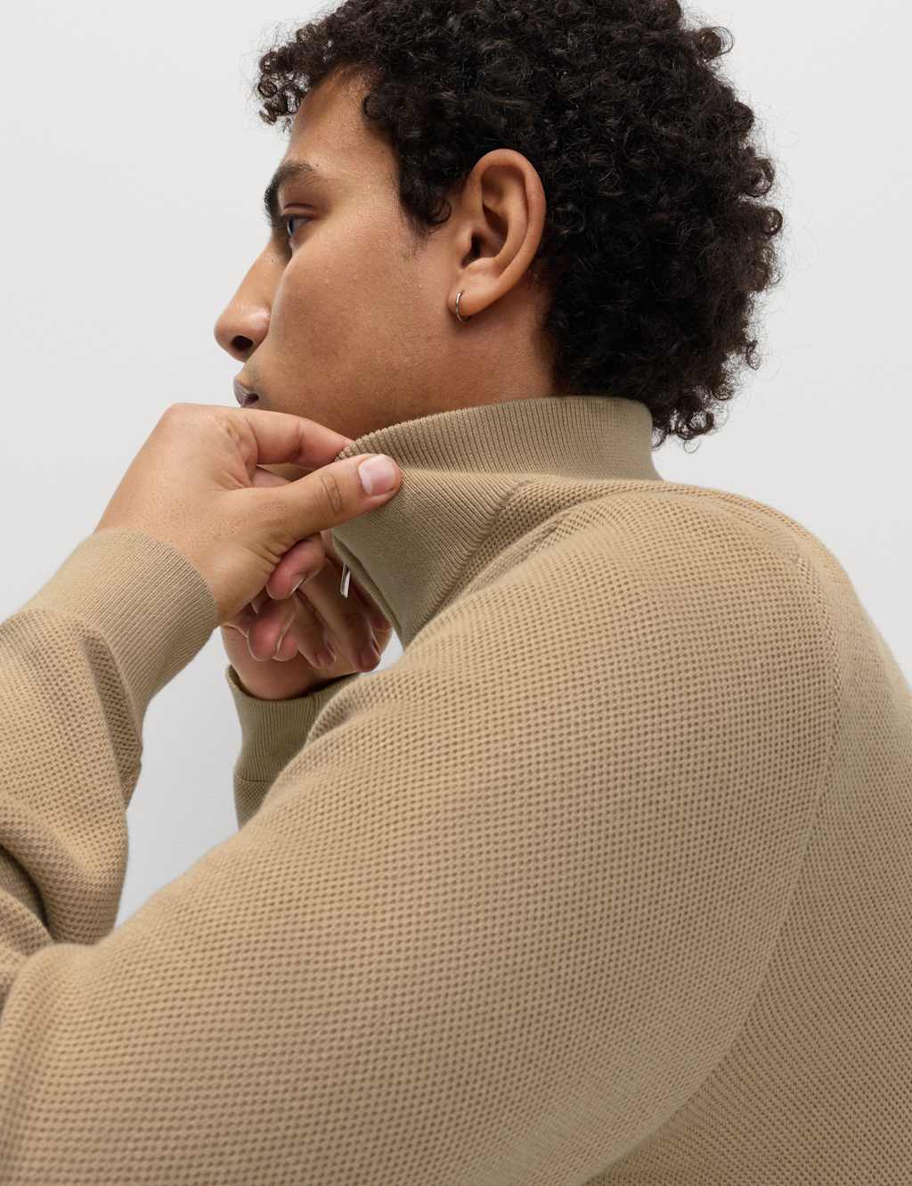 M&S Men's Cotton Rich Textured Half Zip Jumper - S - Sand