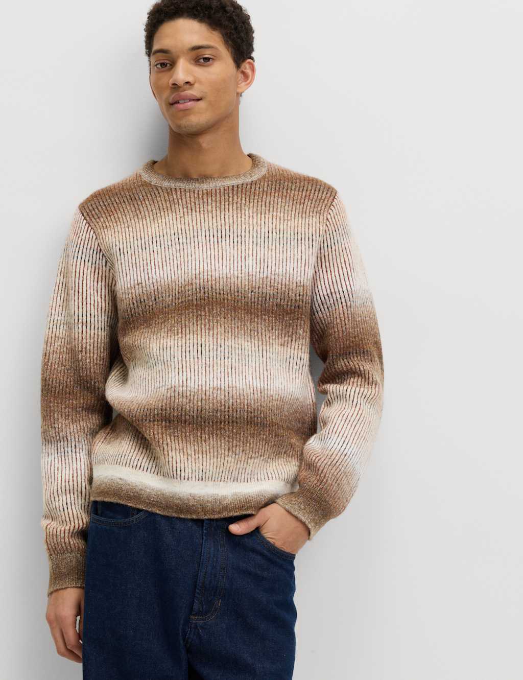 M&S Men's Ombre Stripe Crew Neck Jumper with Wool - L - Rust Mix