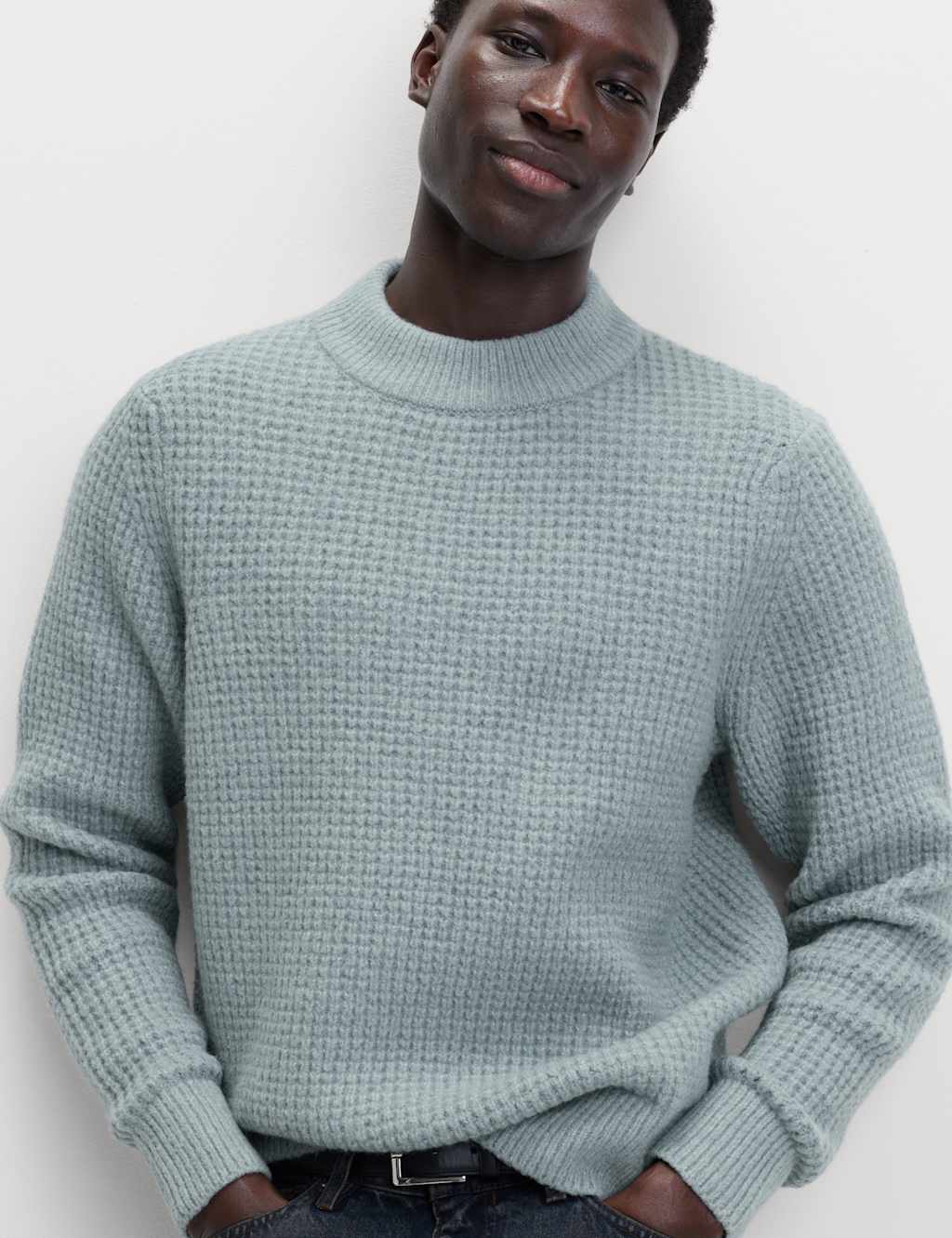 M&S Waffle Knit High Neck Jumper with Wool Light Grey