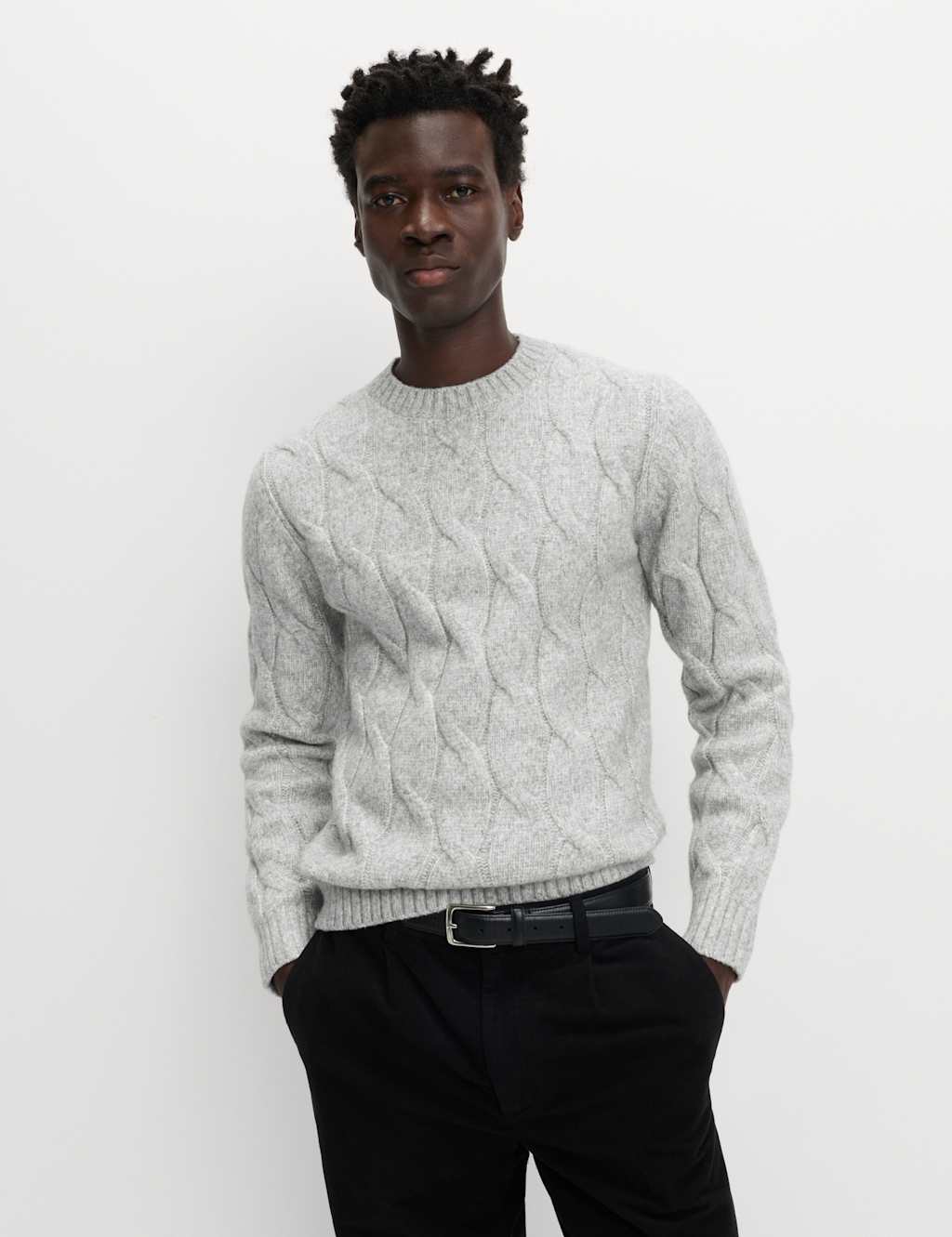 M&S Cable Crew Neck Jumper with Wool Grey