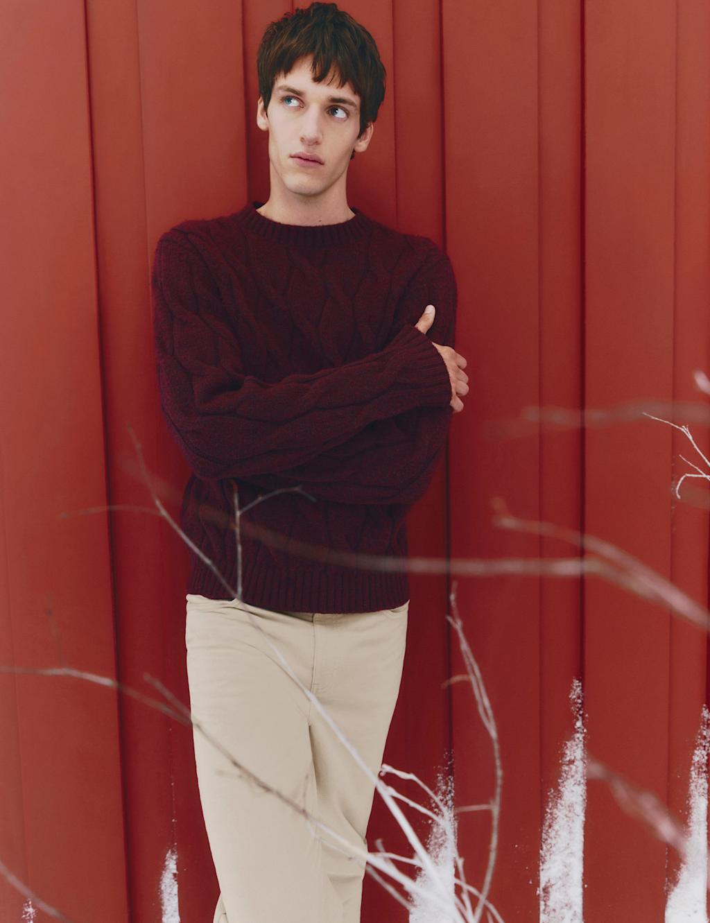 M&S Cable Crew Neck Jumper with Wool Burgundy