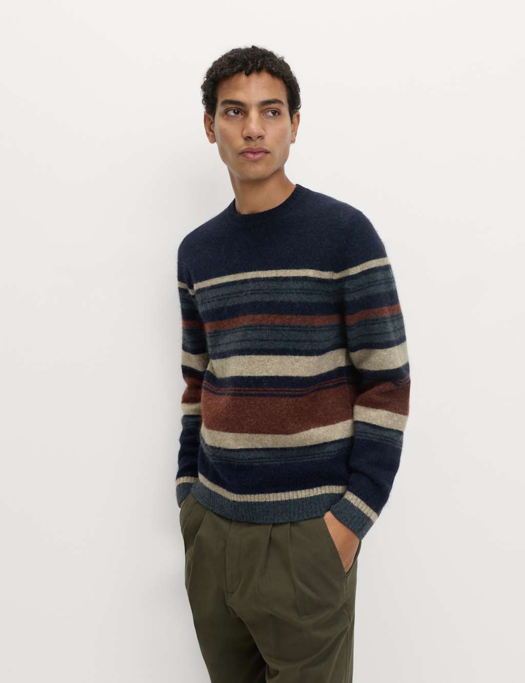M&S Hazy Striped Crew Neck Jumper with Wool Navy Mix