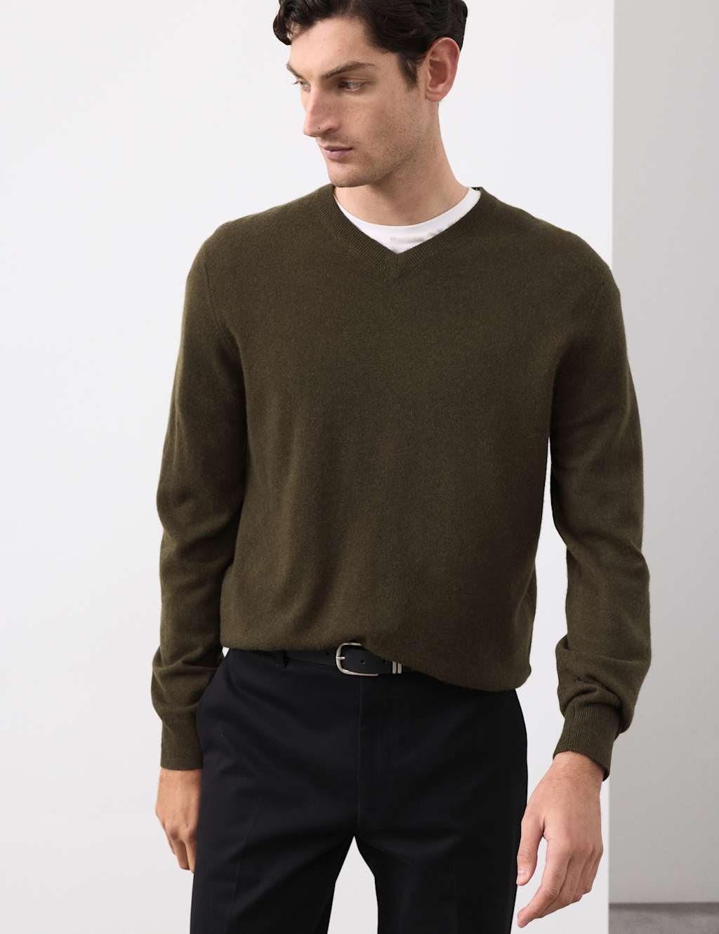 Autograph Pure Cashmere V-Neck Jumper Dark Olive