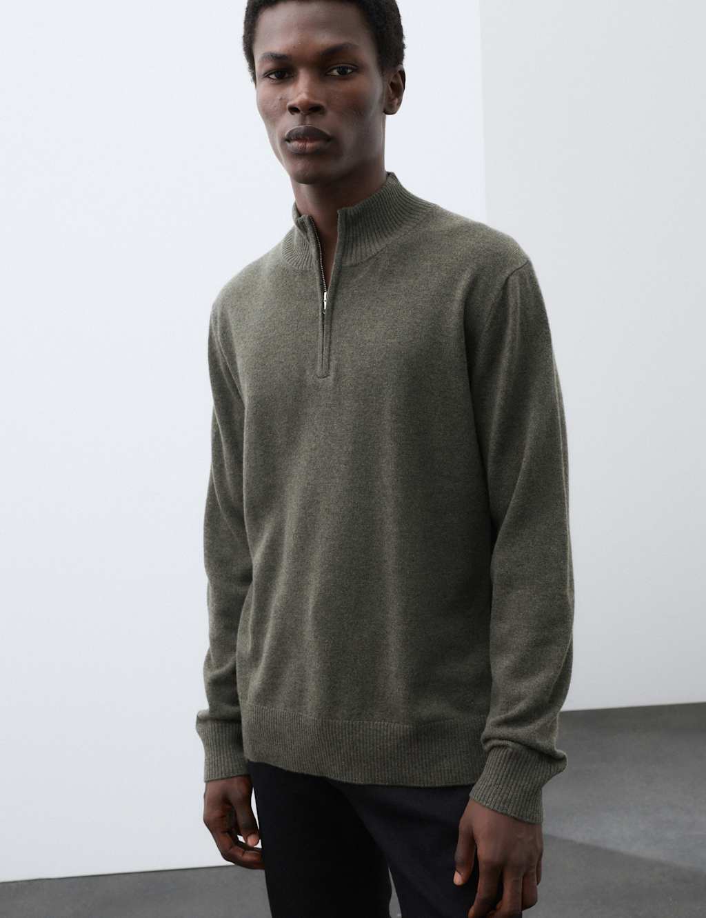 Autograph Men's Pure Cashmere Half Zip Jumper - L - Khaki/Olive