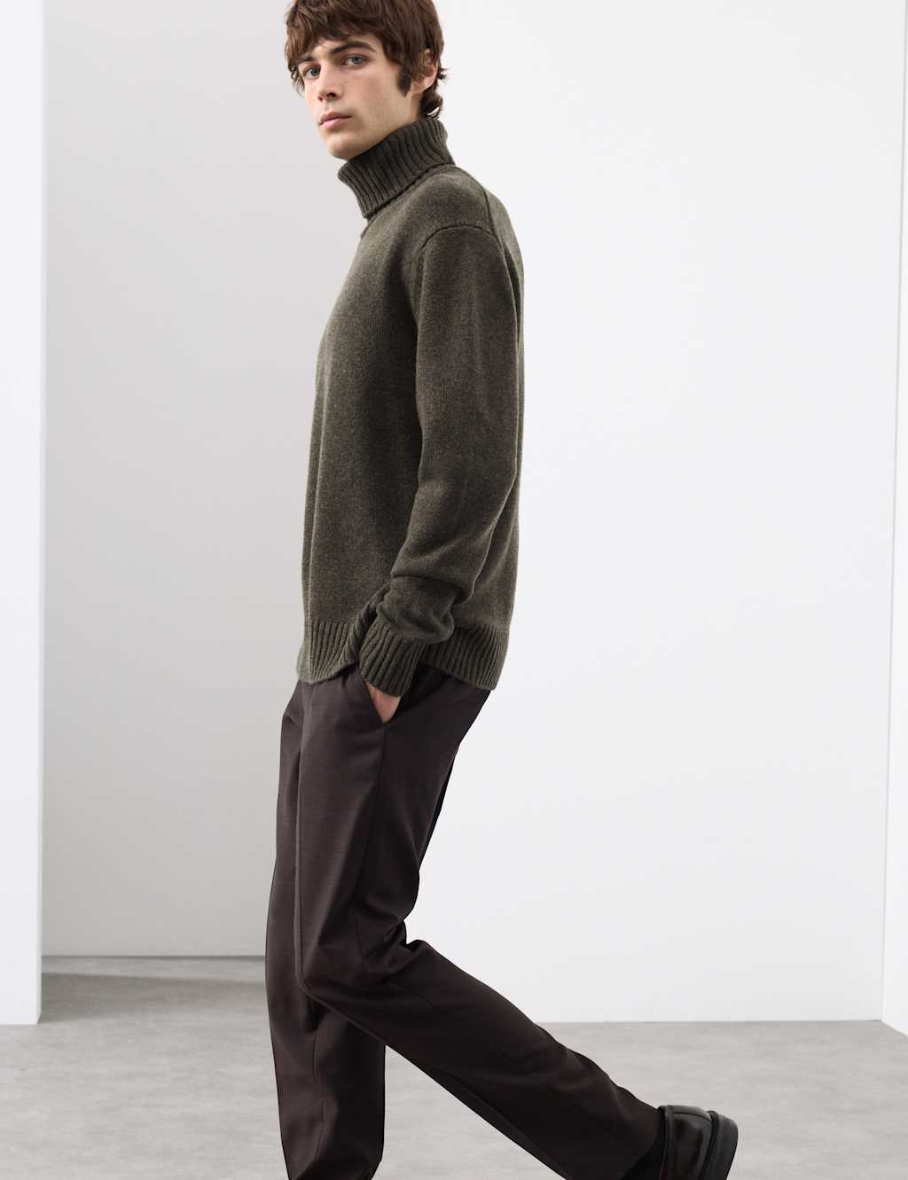 Autograph Wool and Cashmere Blend Roll Neck Jumper Dark Olive