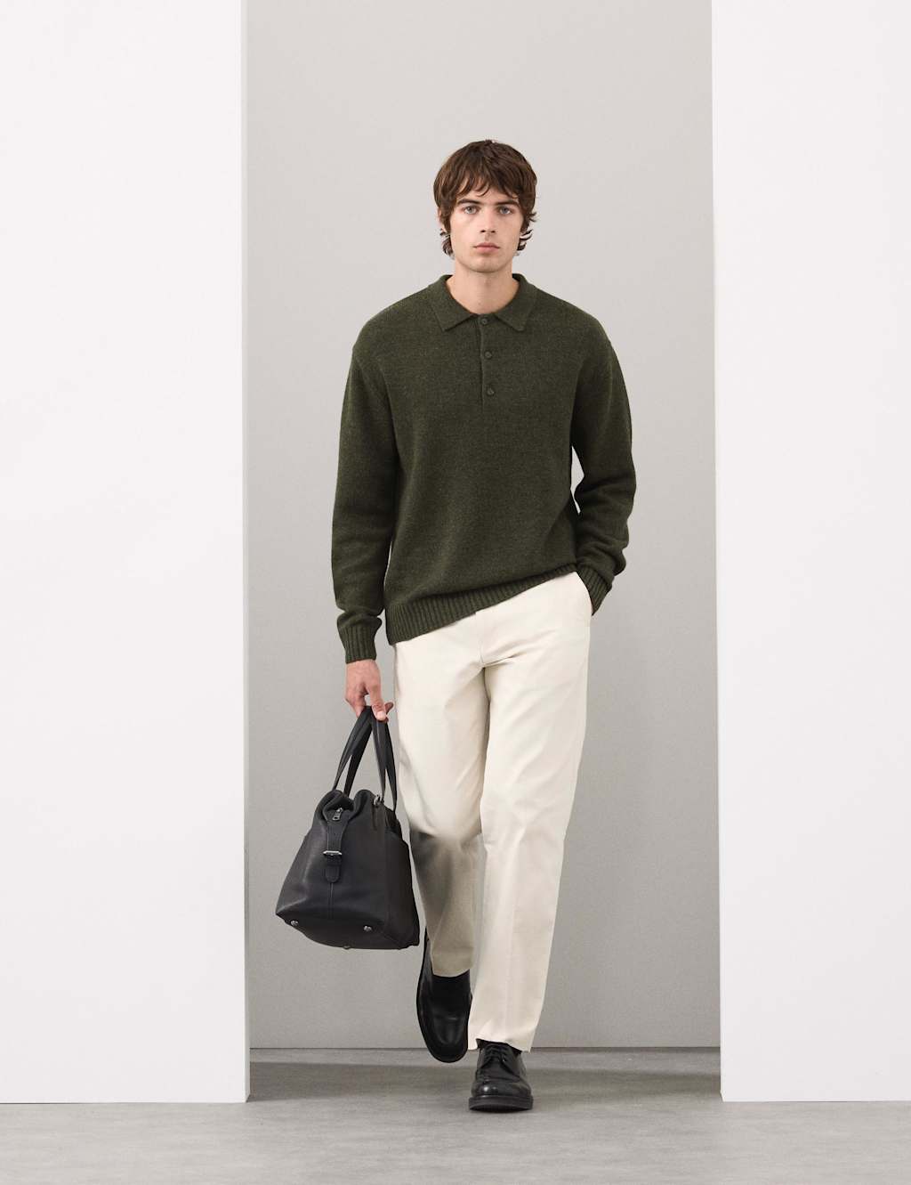 Autograph Cashmere and Wool Blend Relaxed Polo Jumper Dark Olive
