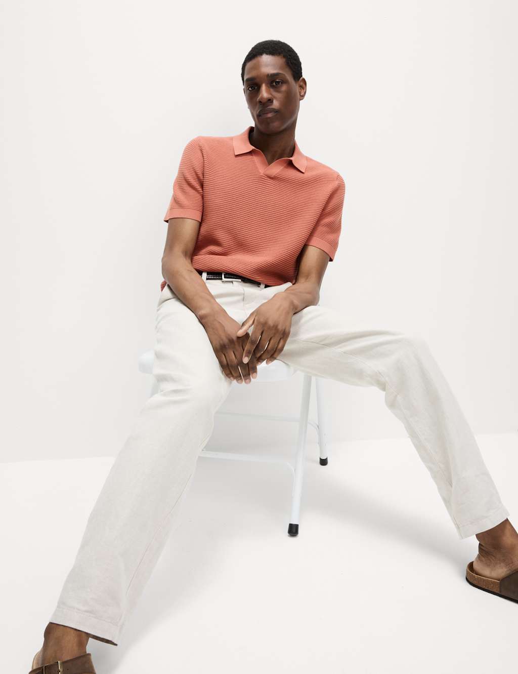 Pure Cotton Open Neck Knitted Polo Shirt