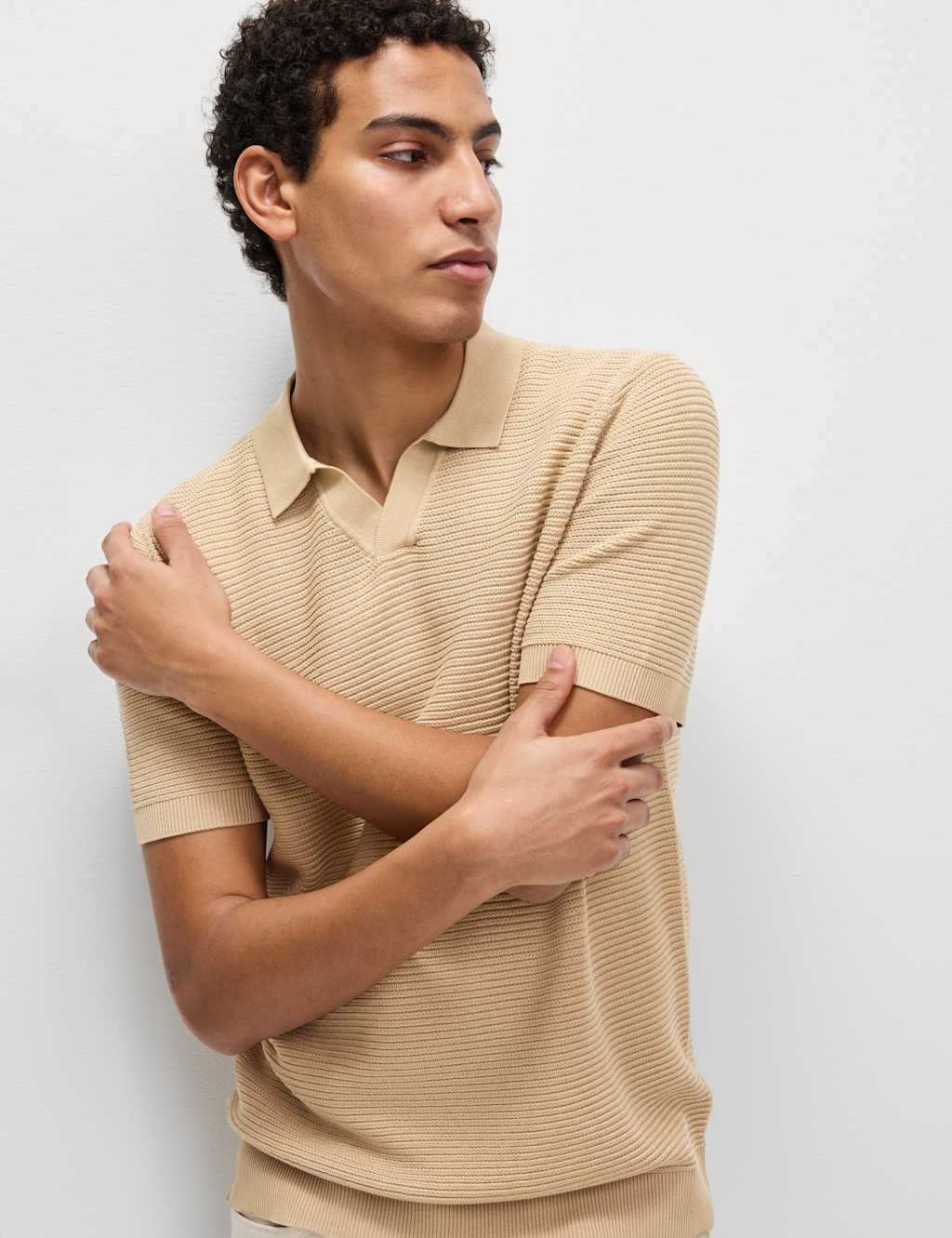 Pure Cotton Open Neck Knitted Polo Shirt