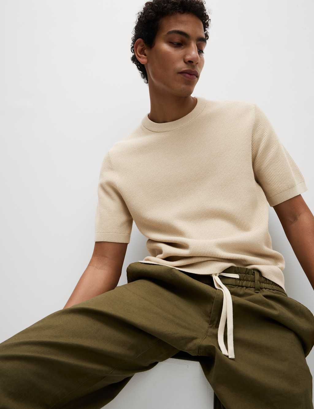 M&S Cotton Rich Textured Knitted T-Shirt Neutral