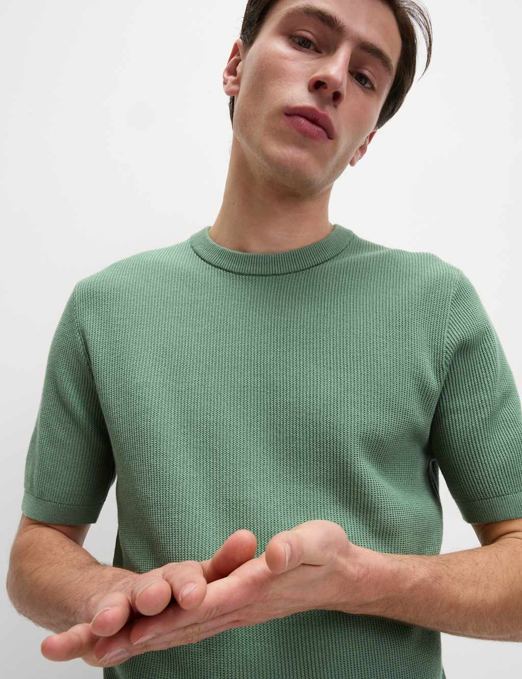 M&S Cotton Rich Textured Knitted T-Shirt Bayleaf