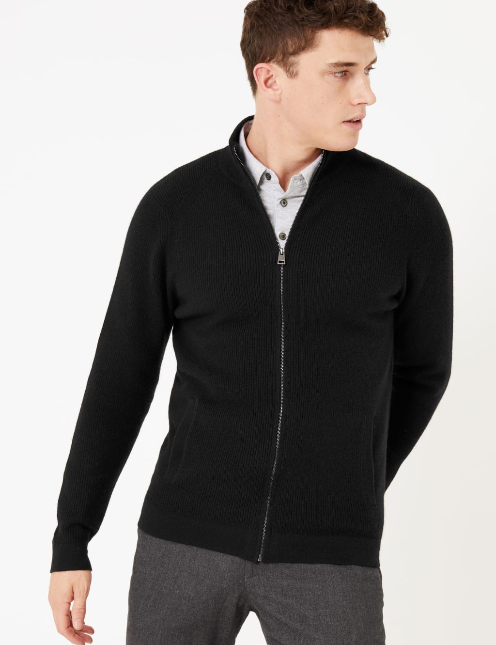 M&S Pure Cashmere Zip Up Cardigan Black