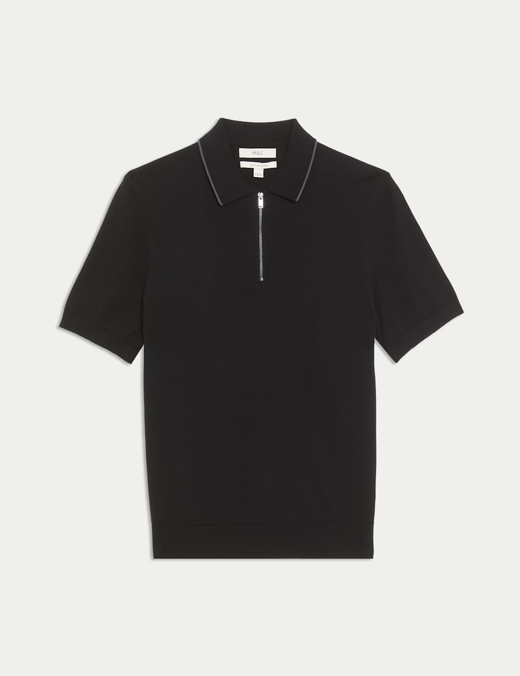 M&S Men's Cotton Rich Half Zip Knitted Polo Shirt - L - Black