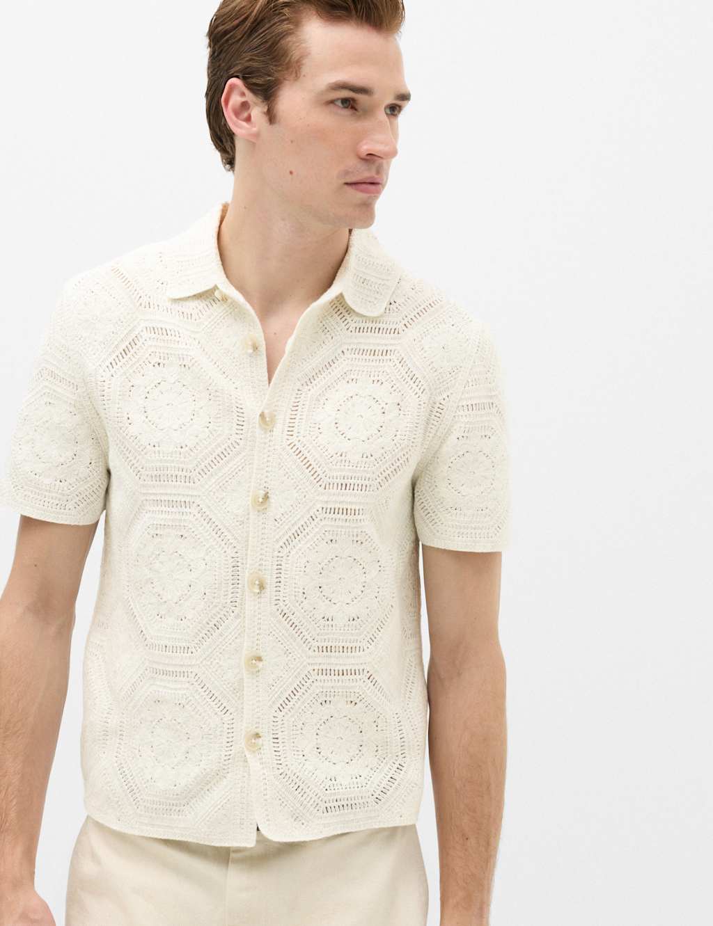 M&S Men's Cotton Rich Button Through Knitted Polo Shirt - XL - Natural Mix