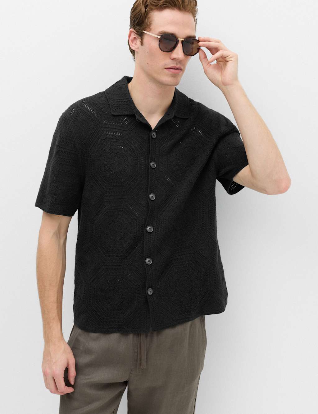 M&S Men's Cotton Rich Button Through Knitted Polo Shirt - XL - Black Mix