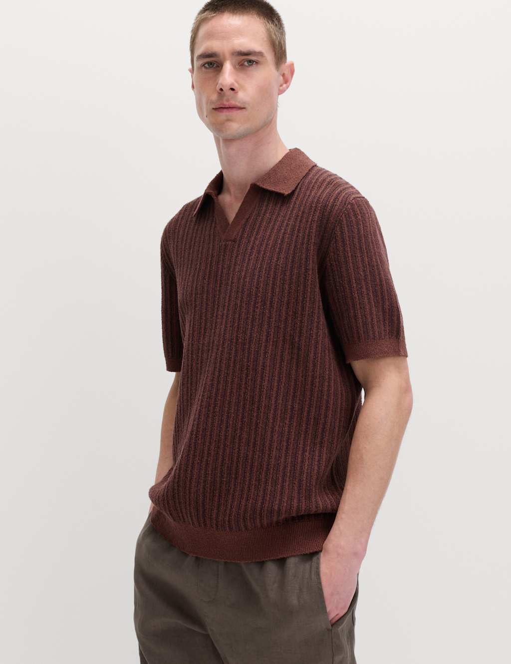 M&S Men's Boucle Striped Open Neck Knitted Polo Shirt - M - Chestnut