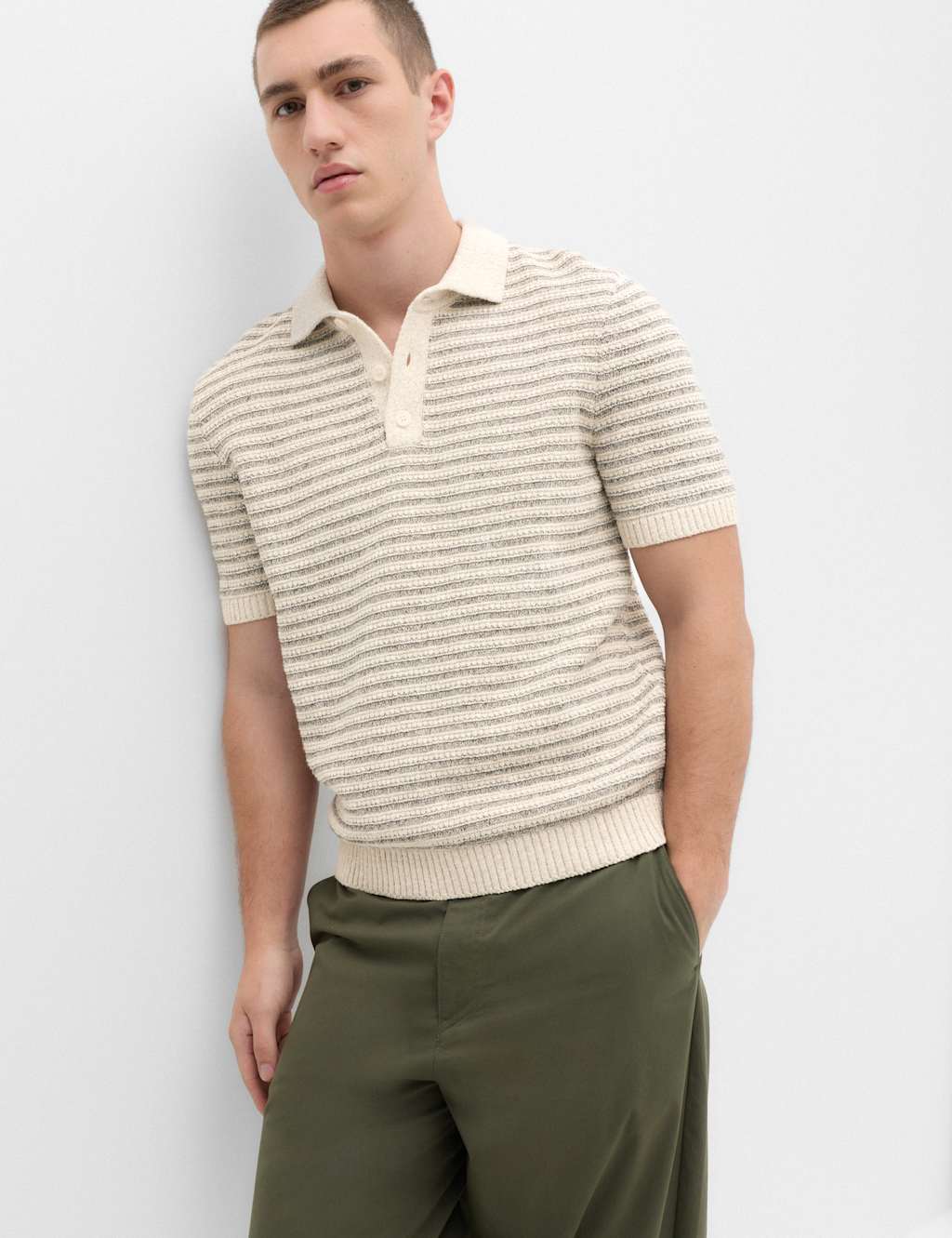 M&S Men's Cotton Rich Textured Knitted Polo Shirt - M - Neutral