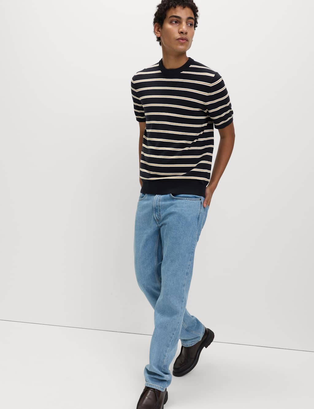 M&S Men's Cotton Rich Striped Knitted T-Shirt - S - Navy Mix