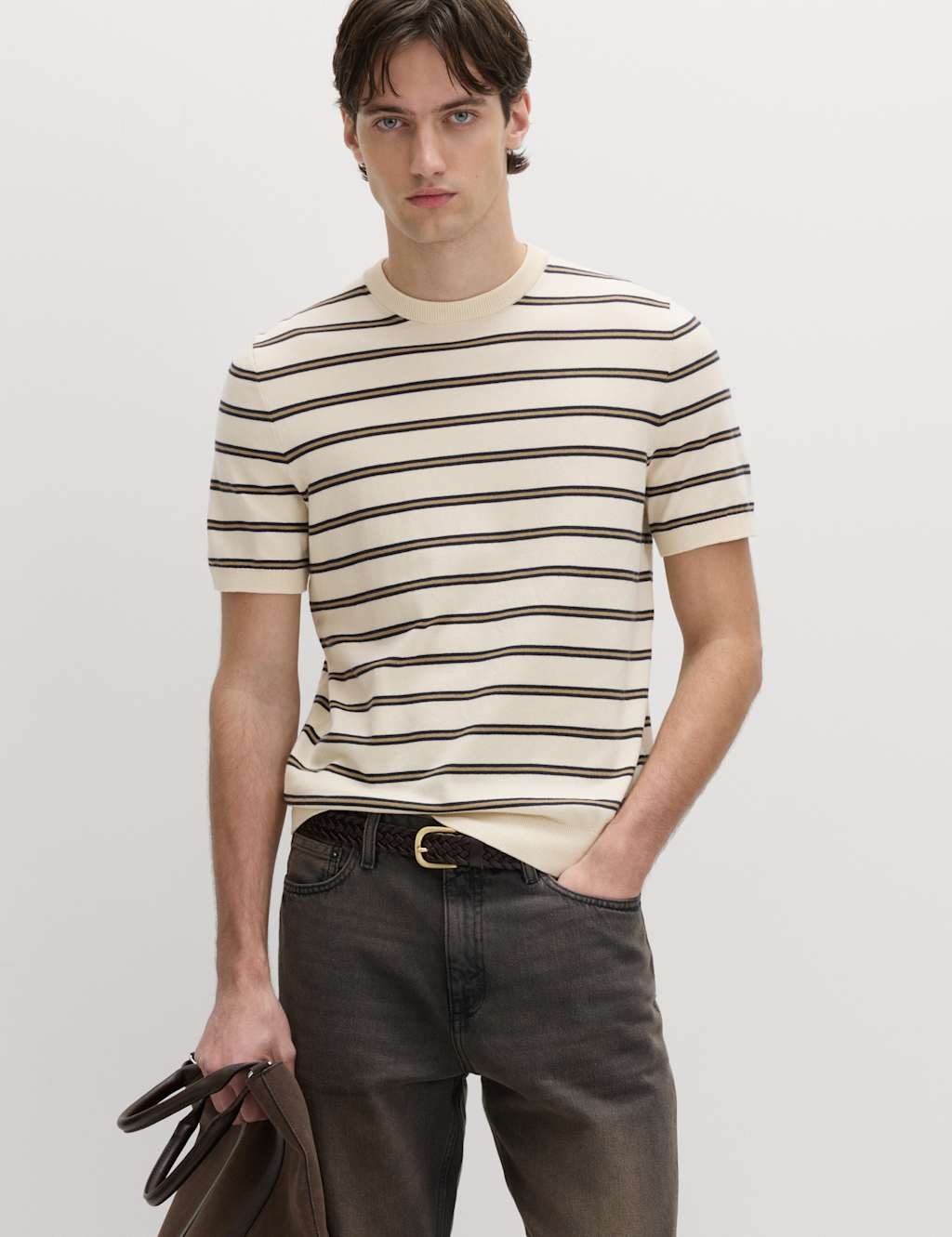 M&S Men's Cotton Rich Striped Knitted T-Shirt - S - Ecru Mix