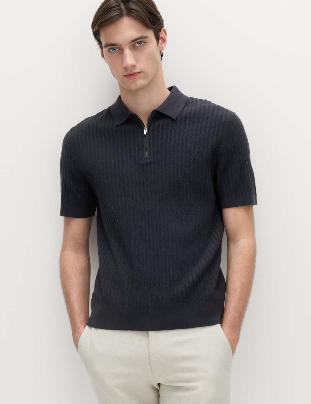 M&S Men's Cotton Rich Ribbed Knitted Zip Up Polo Shirt - XL - Navy