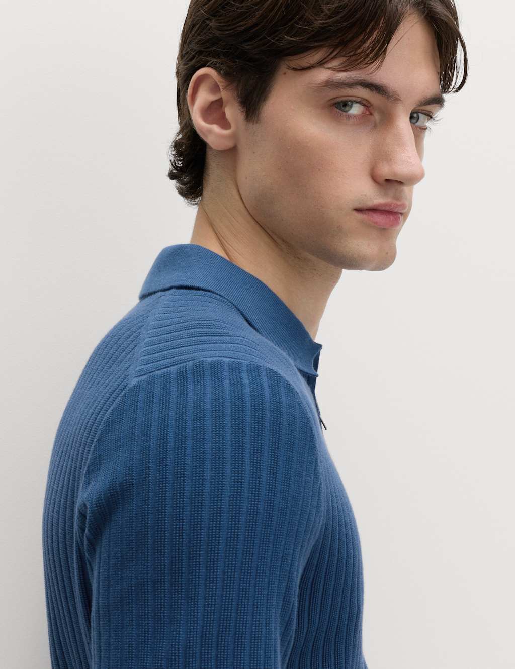 M&S Men's Cotton Rich Ribbed Knitted Zip Up Polo Shirt - L - Dark Marine