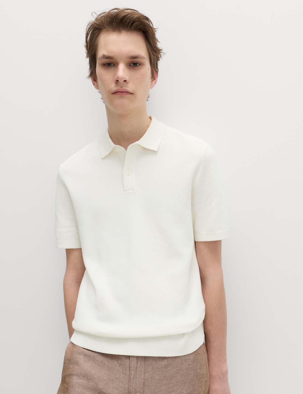 M&S Men's Cotton Rich Slim Fit Knitted Polo Shirt - L - Ivory