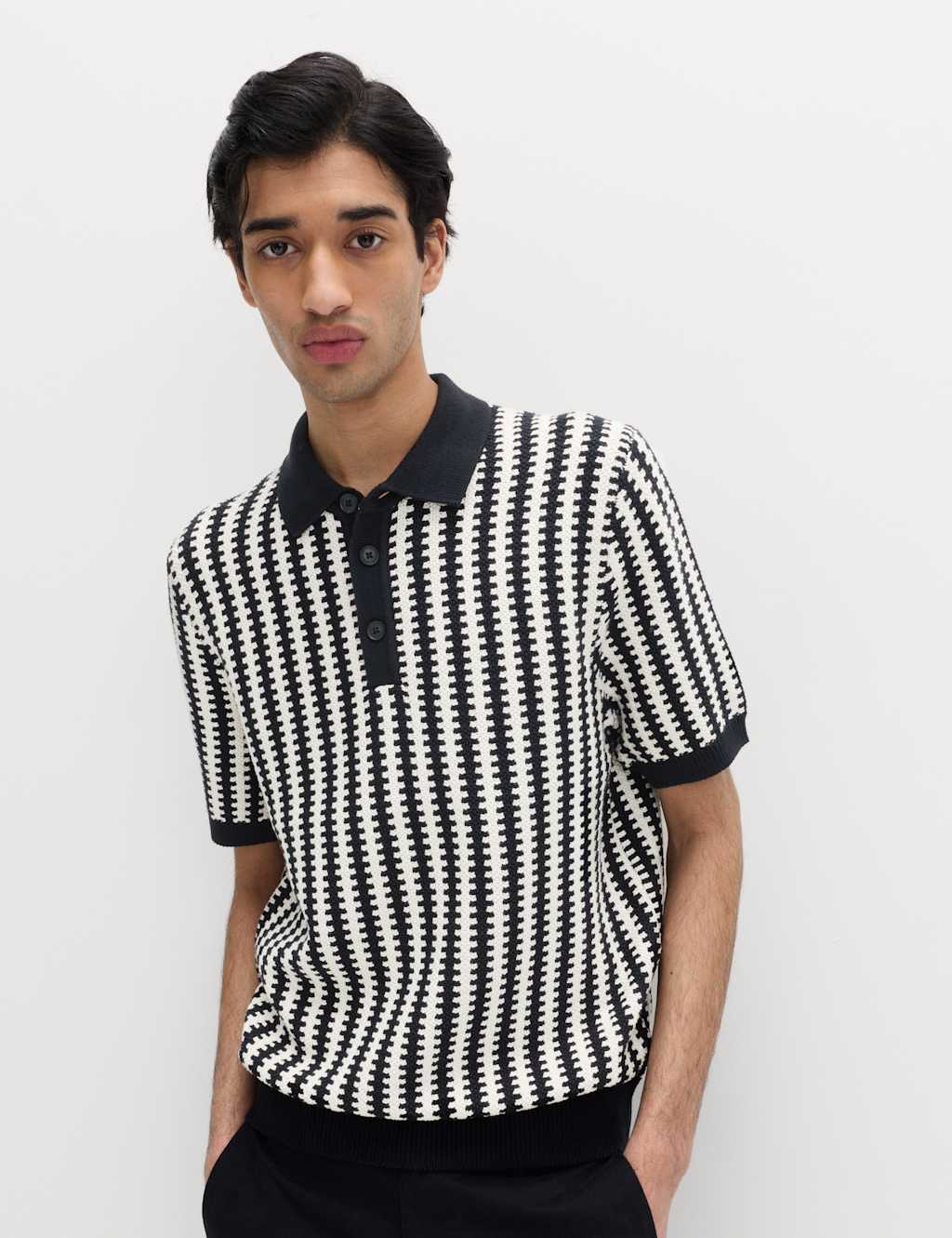 M&S Men's Pure Cotton Textured Striped Knitted Polo Shirt - M - Black Mix