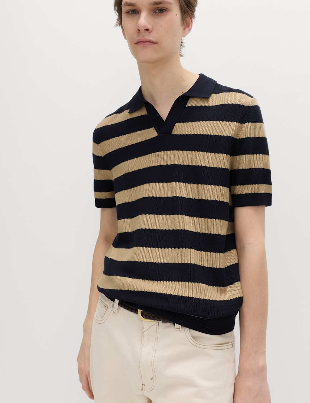 M&S Men's Pure Cotton Striped Knitted Polo Shirt - S - Navy Mix