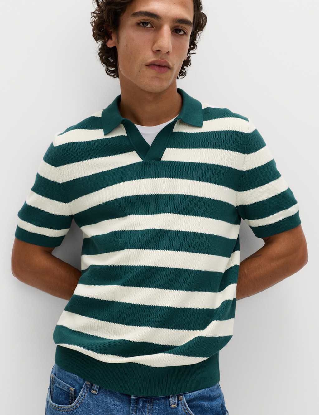 M&S Men's Pure Cotton Striped Knitted Polo Shirt - 2XL - Green Mix