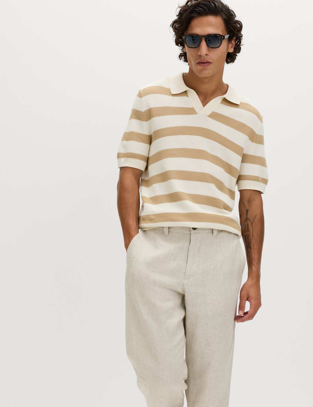 M&S Men's Pure Cotton Striped Knitted Polo Shirt - XL - Ecru Mix
