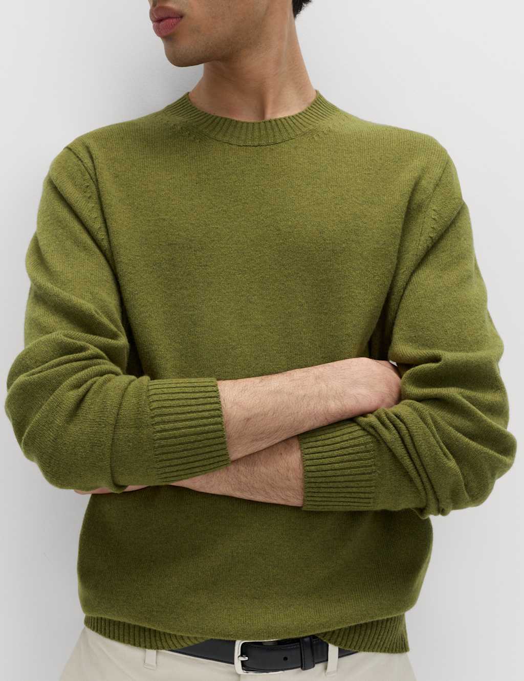 M&S Men's Pure Lambswool Crew Neck Jumper - M - Olive