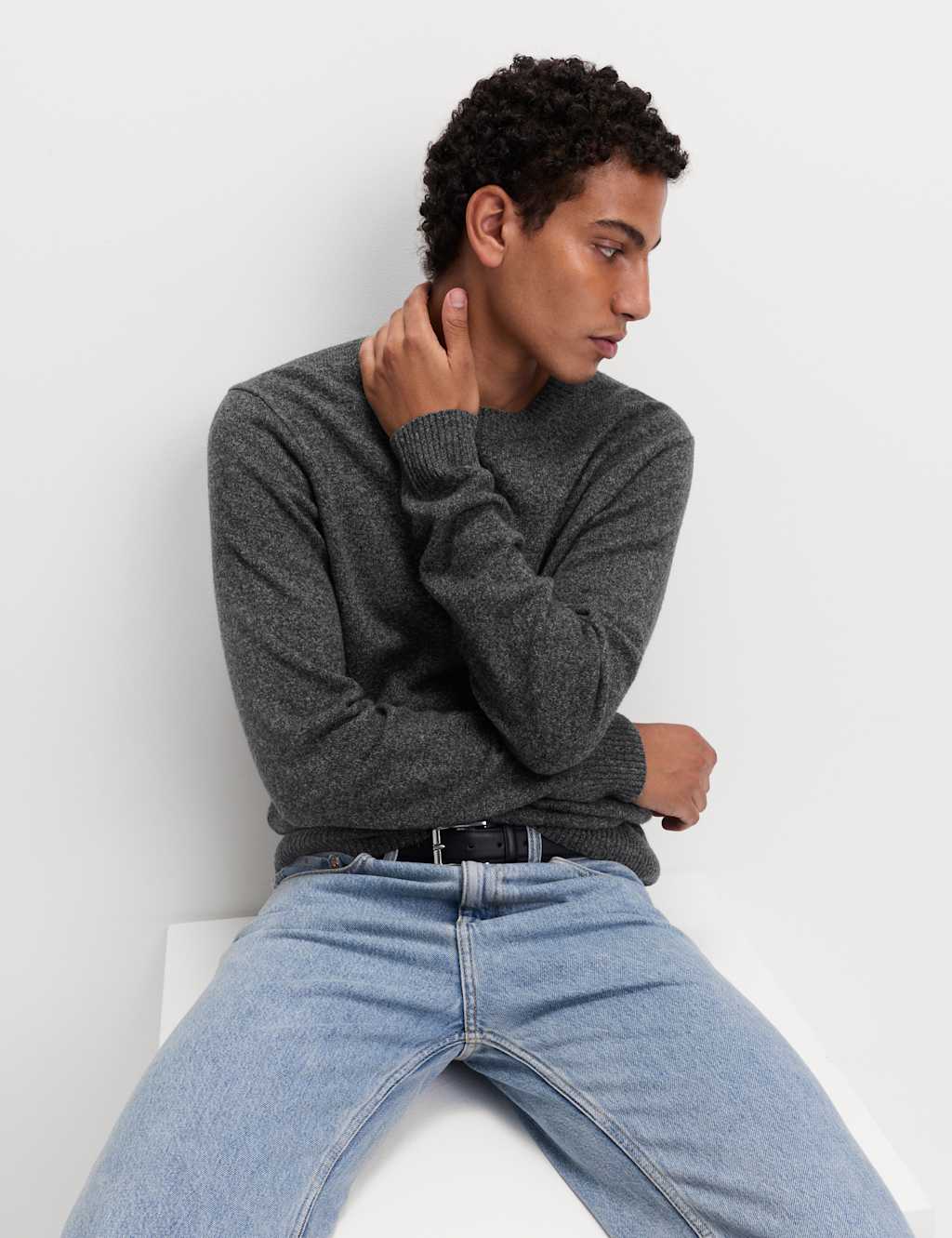 M&S Pure Lambswool Crew Neck Jumper Dark Charcoal