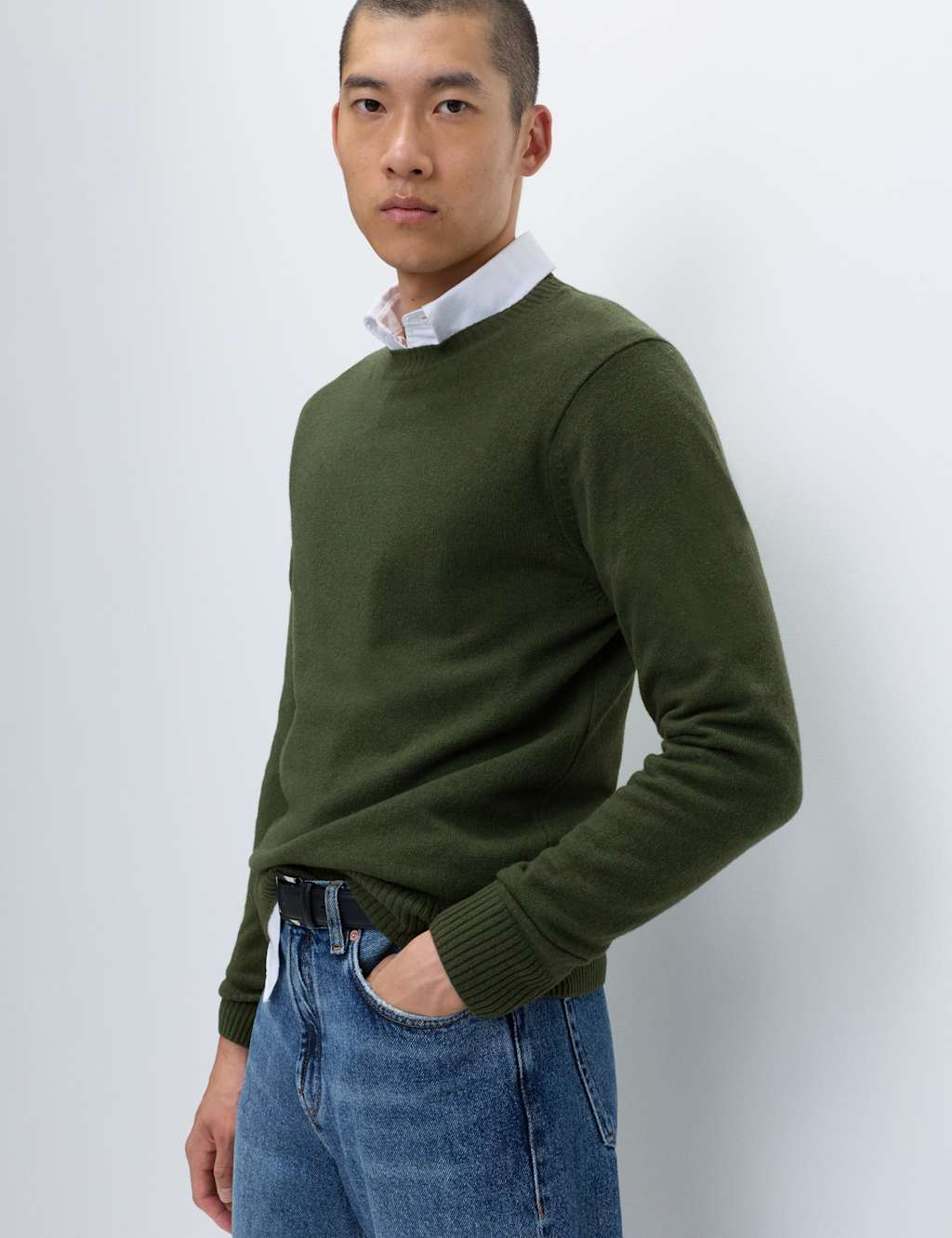 M&S Pure Lambswool Crew Neck Jumper Dark Khaki