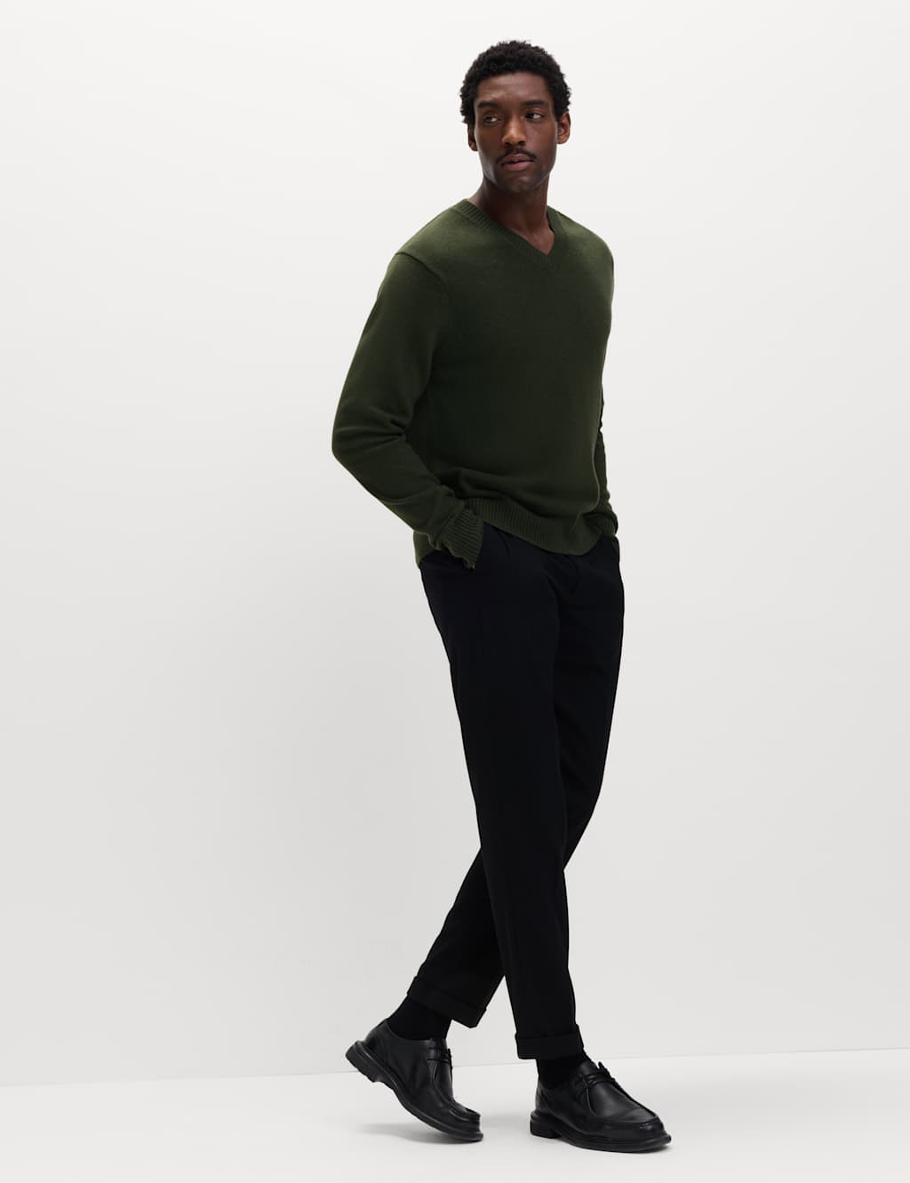 M&S Pure Lambswool V-Neck Jumper Khaki