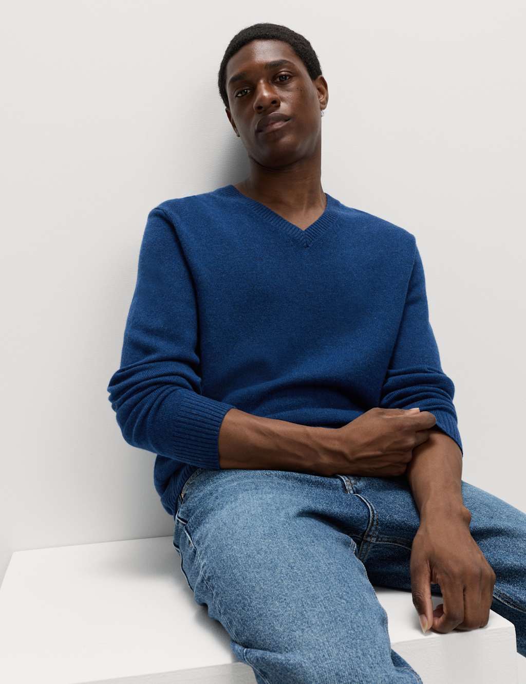 M&S Pure Lambswool V-Neck Jumper Medium Indigo