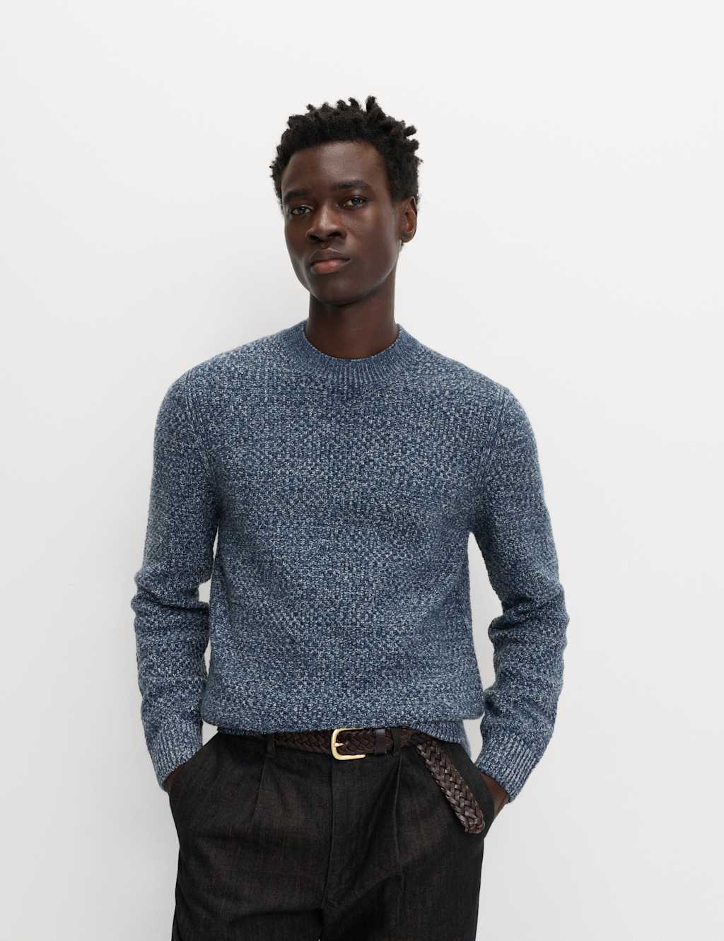 M&S Lambswool Blend Textured Crew Neck Jumper Blue Mix