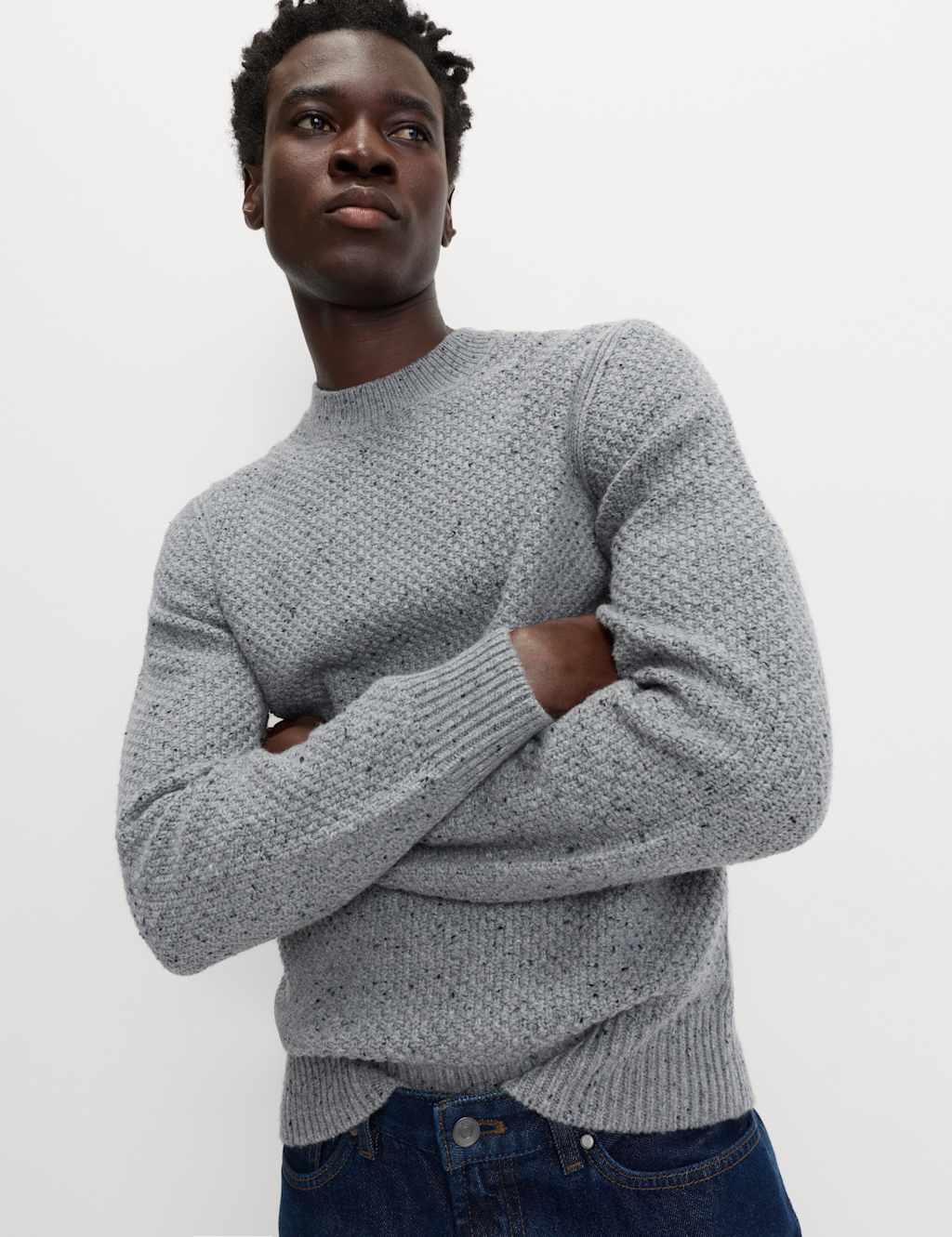 M&S Lambswool Blend Textured Crew Neck Jumper Grey Mix