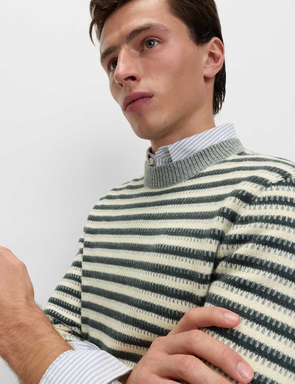 M&S Lambswool Blend Striped Crew Neck Jumper Ecru Mix