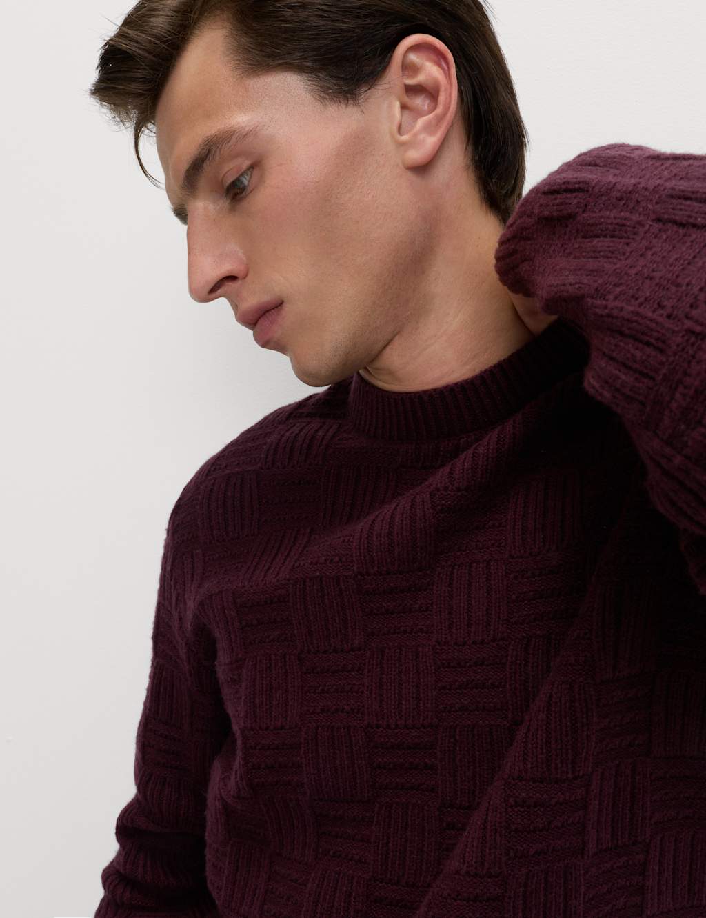 M&S Lambswool Blend Basket Stitch Crew Neck Jumper Wine