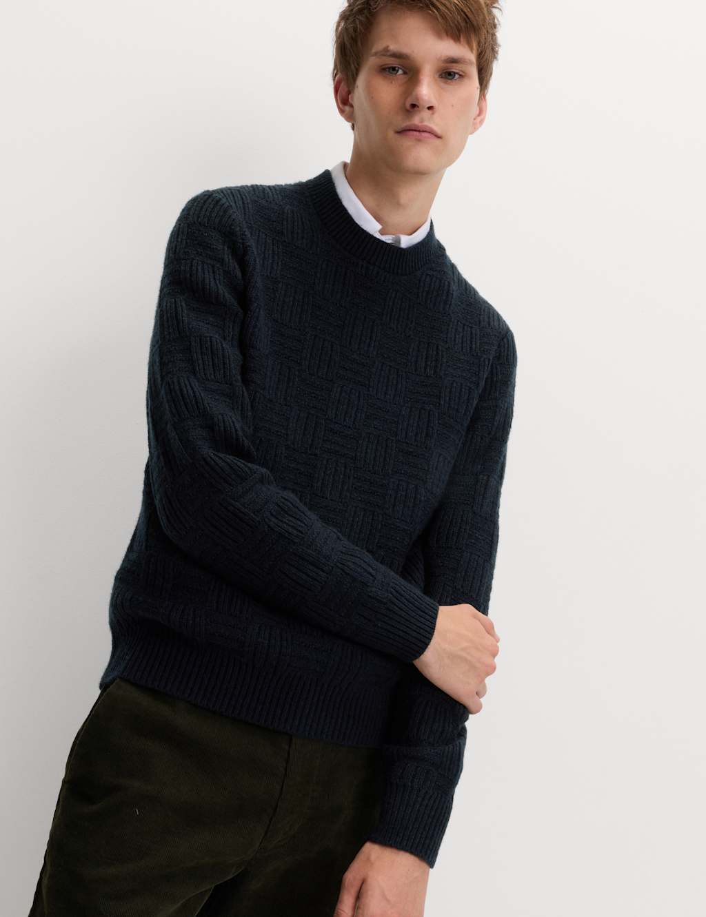 M&S Lambswool Blend Basket Stitch Crew Neck Jumper Navy