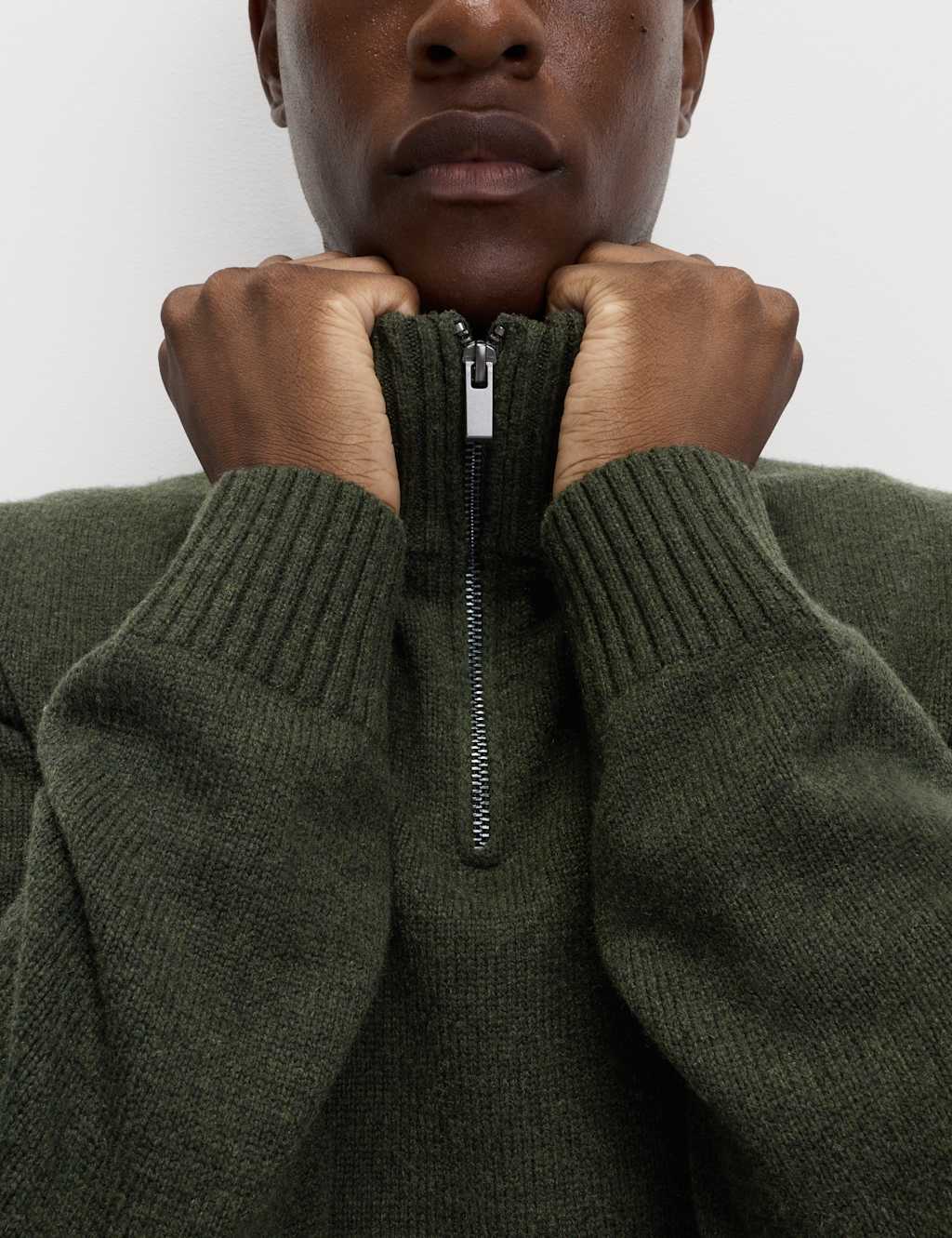 M&S Lambswool Blend Half Zip Jumper Dark Khaki