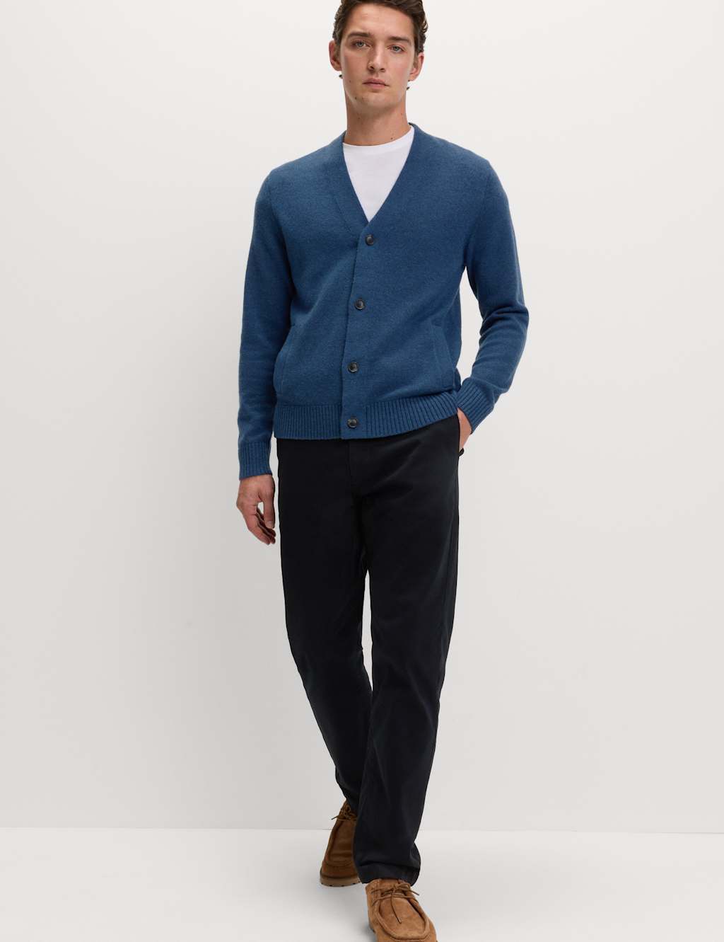 M&S Lambswool Blend V-Neck Cardigan Light Denim