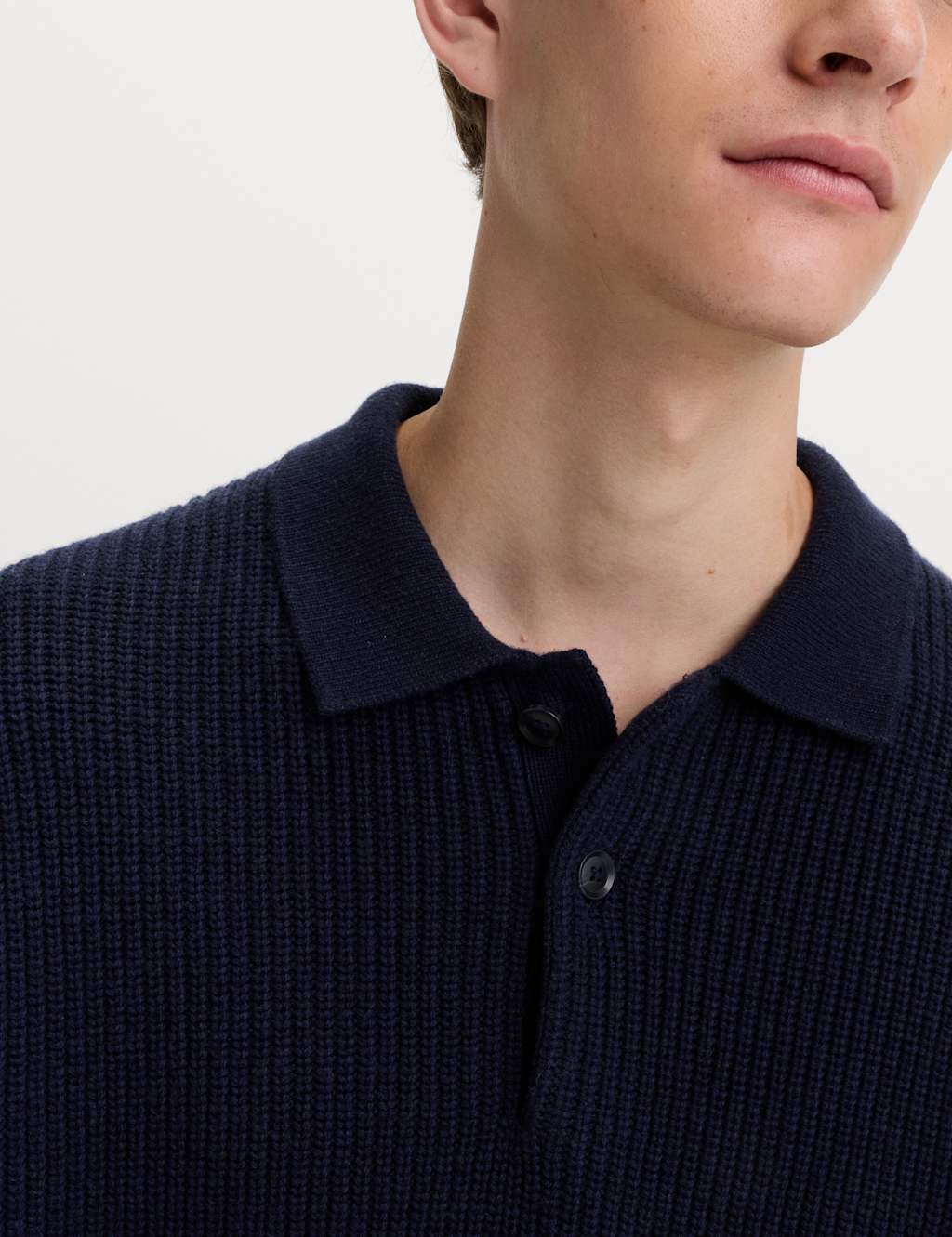 M&S Lambswool Blend Knitted Polo Shirt Dark Navy